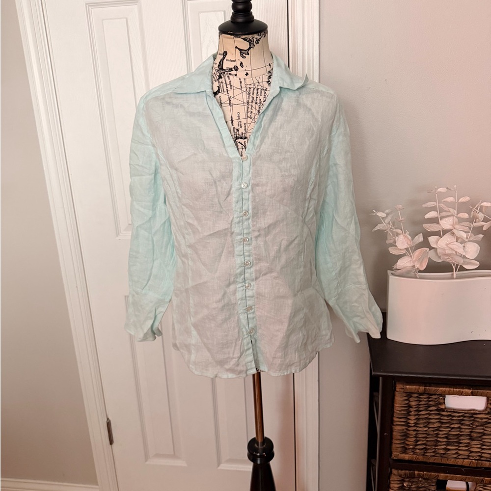 Ann Taylor 100% Linen mint aqua button collar coastal Light Blue colorful top